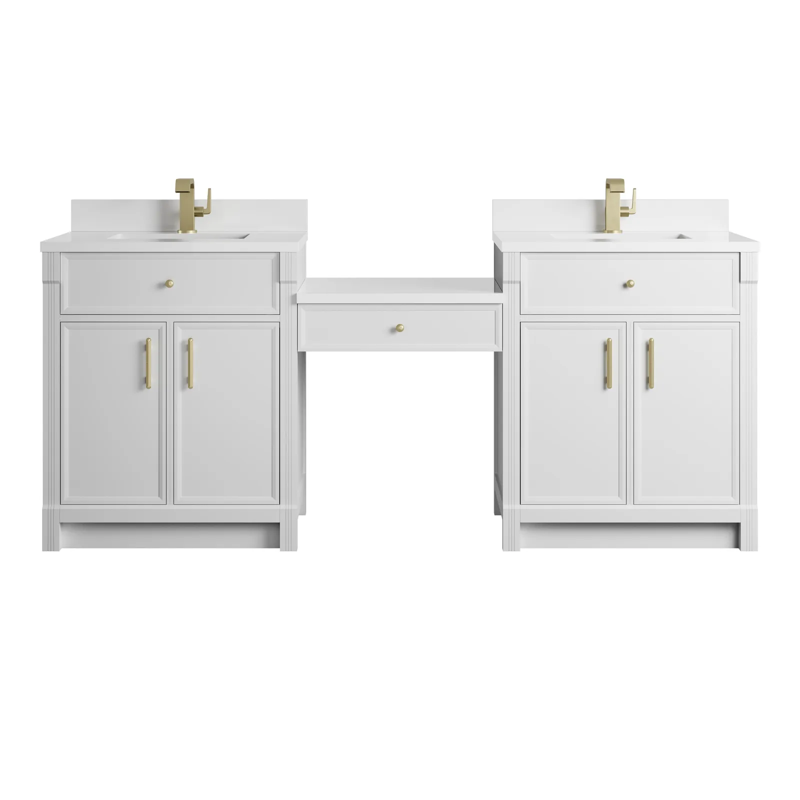 Bellshire 84" Vanity in Bright White and Honey Oak finish, made from poplar wood with porcelain sinks
