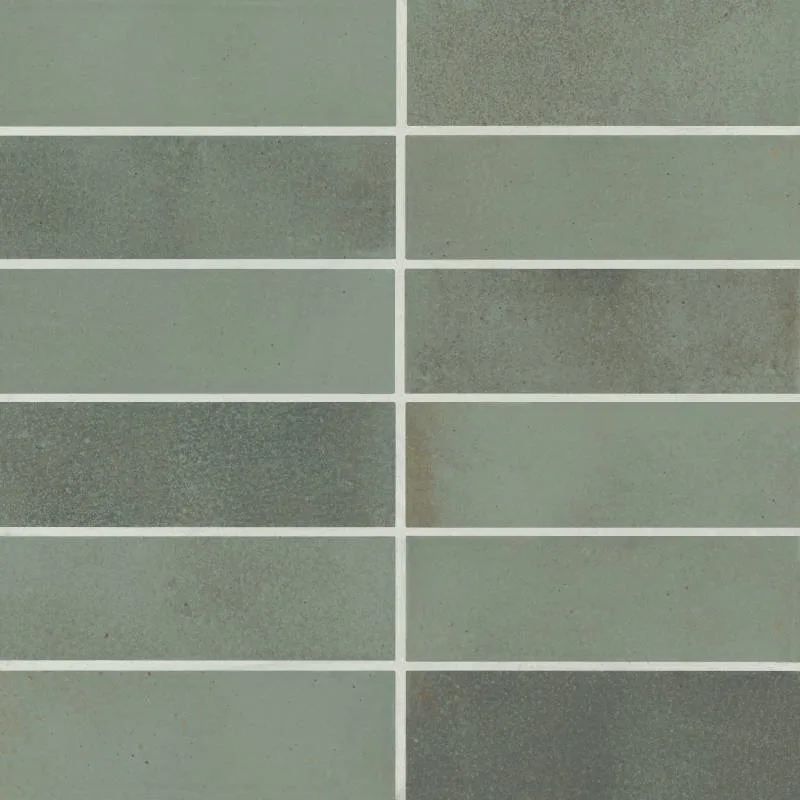 Sage porcelain backsplash tile in matte finish, available in 2x6, 4x4, and 2.5x12 sizes, perfect for walls and countertops