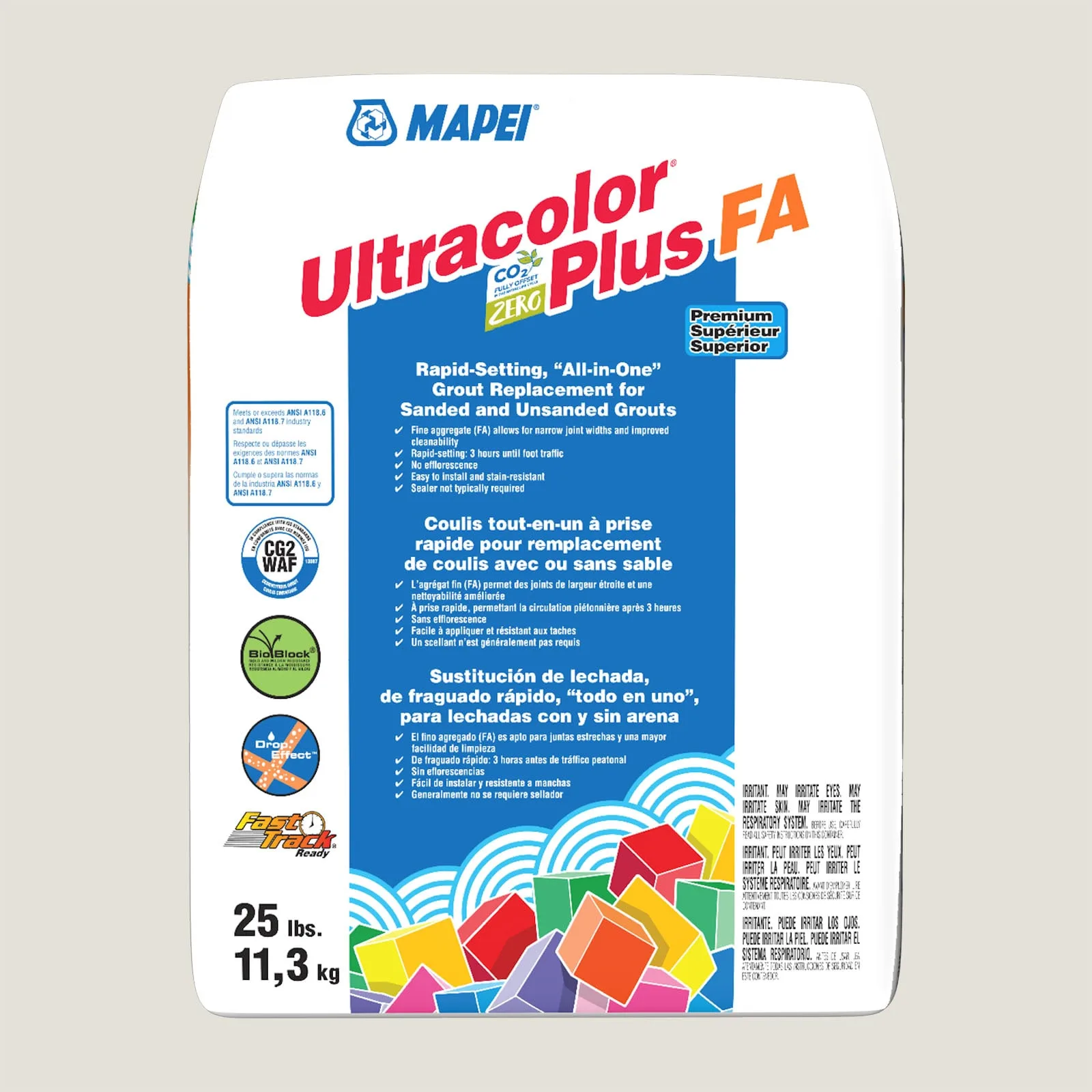Mapei Ultracolor Plus FA Eggshell Grout 25-lb bag, all-in-one grout in a soft eggshell color, perfect for various tiling projects.