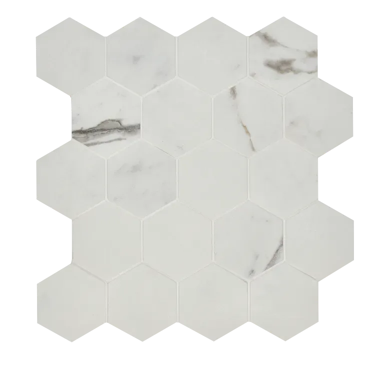 Marvel Statuario Supremo Hex mosaic tile in matte finish, small hex 2-5/8 size, rectified color body porcelain