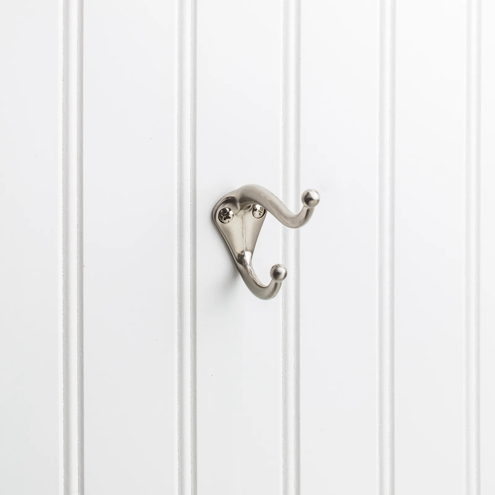 2-5/16" Double zinc wall mount hook in satin nickel finish, decorative hardware for home organization