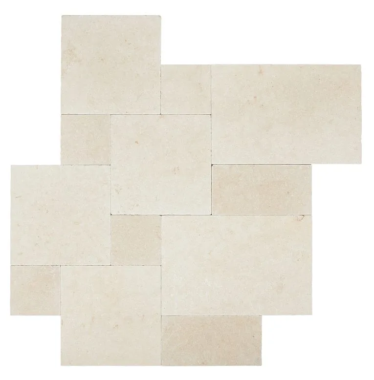 Salem Grey Tumbled Lyon limestone tile in Lyon pattern, natural stone finish, perfect for interior and exterior applications.