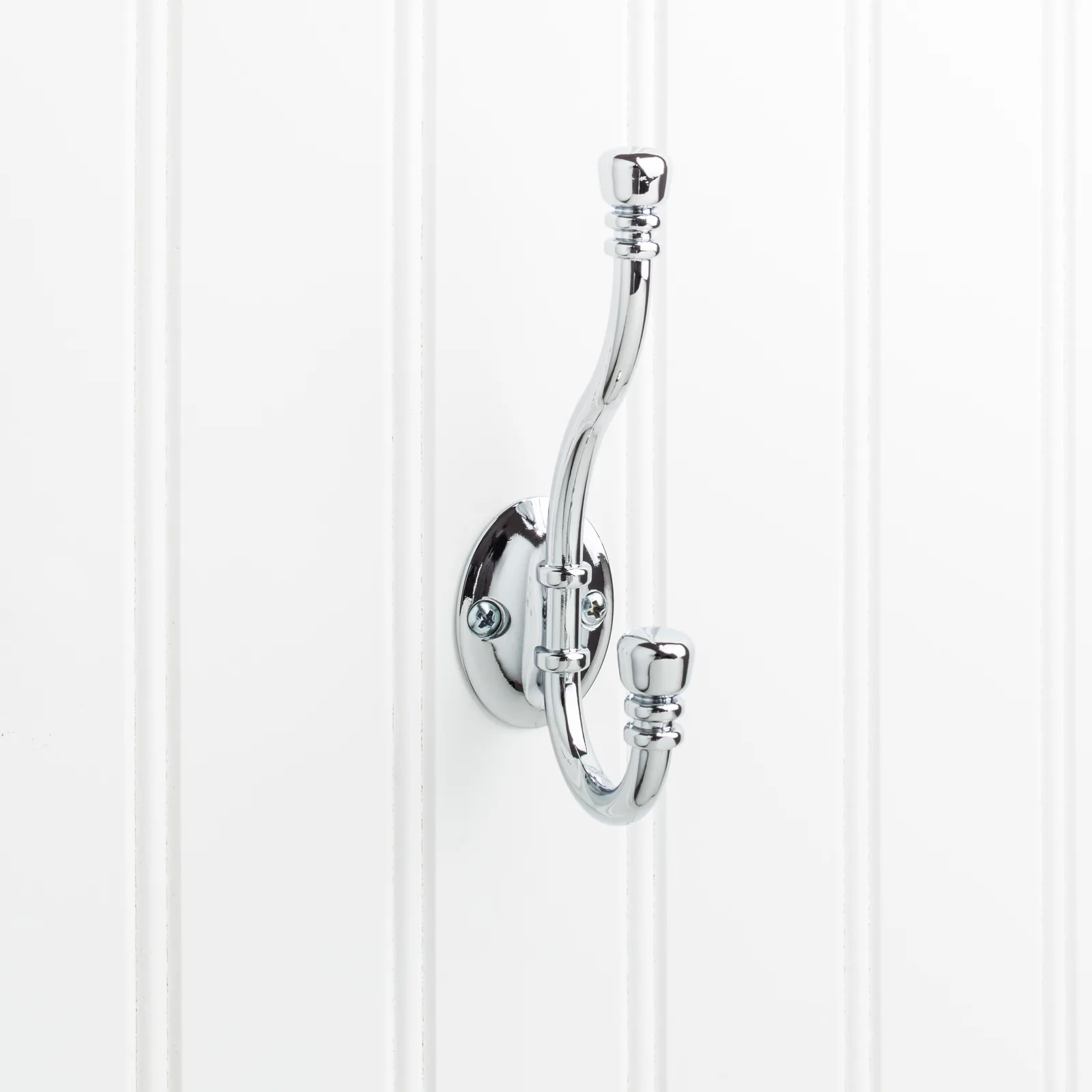 5-3/16" Double Zinc Wall Mount Hook in Polished Chrome finish, decorative hardware for stylish organization