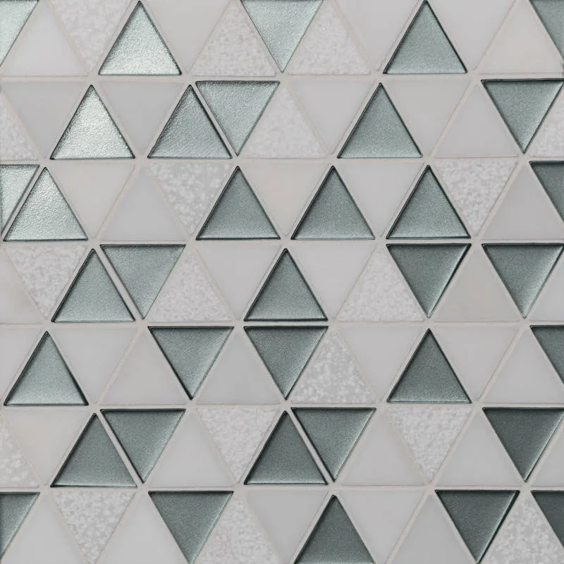 Light Green Mosaic Tile from Kaikos Collection, matte finish, glass material, sizes 9.5x10 and 11.75x12, triangle and rectangle shapes