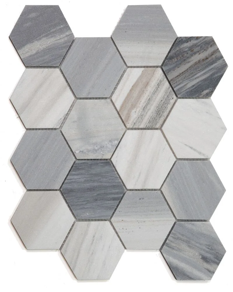 Hexagon Italian Blue 3 x 3 mosaic tile, vibrant blue color, honed finish, size 10.25x11.75 inches, 1/4 in thickness