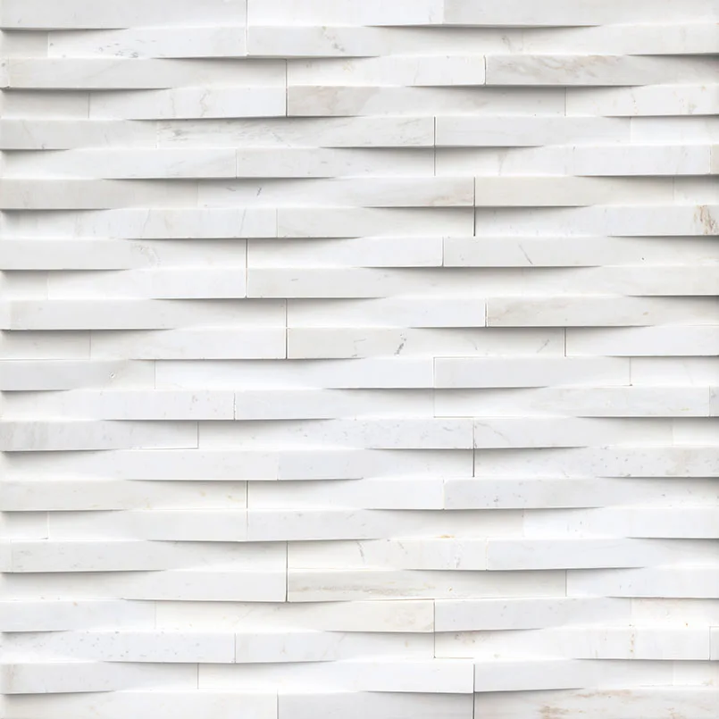 Cosmic White 3D Wave Panel in white color with split face finish, size 6x24 inches, made from stacked stone material