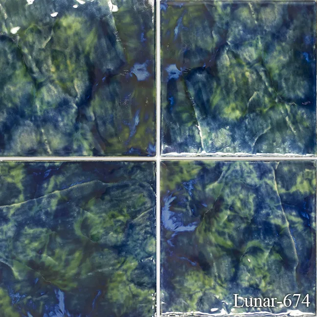 Lunar Series Pool Tile in Emerald, Midnight, Blue Blend, and Peacock colors, 6x6 ceramic tiles for pool use.