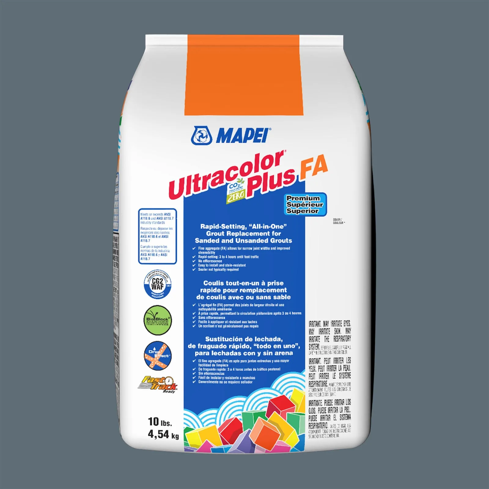 Mapei Ultracolor Plus FA Deep Ocean Grout 10-lb bag in rich blue color, ideal for various tiling projects