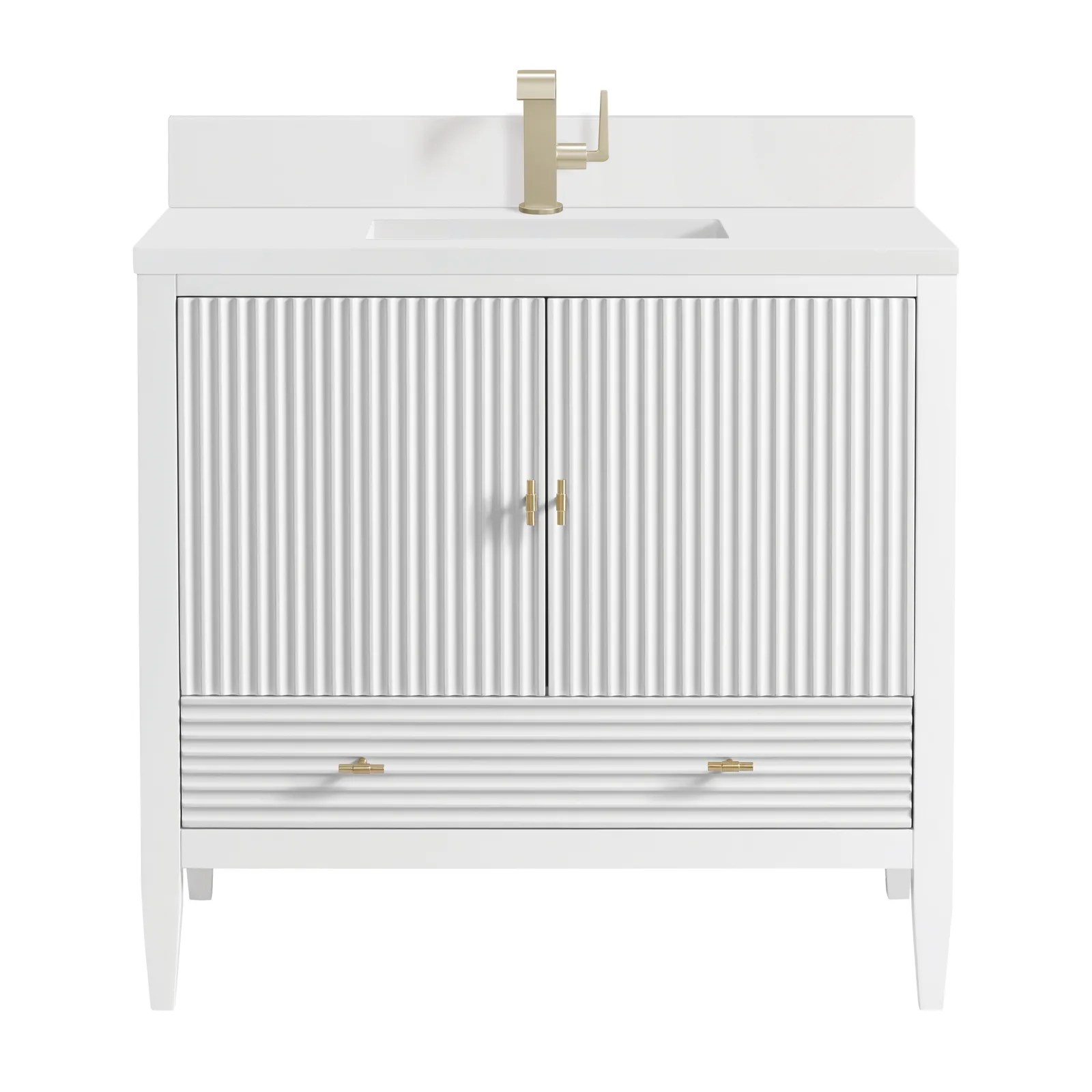 Myrrin 36.0" Vanity in Bright White with fluted details and Champagne Brass hardware, made of Yellow Poplar and Parawood.