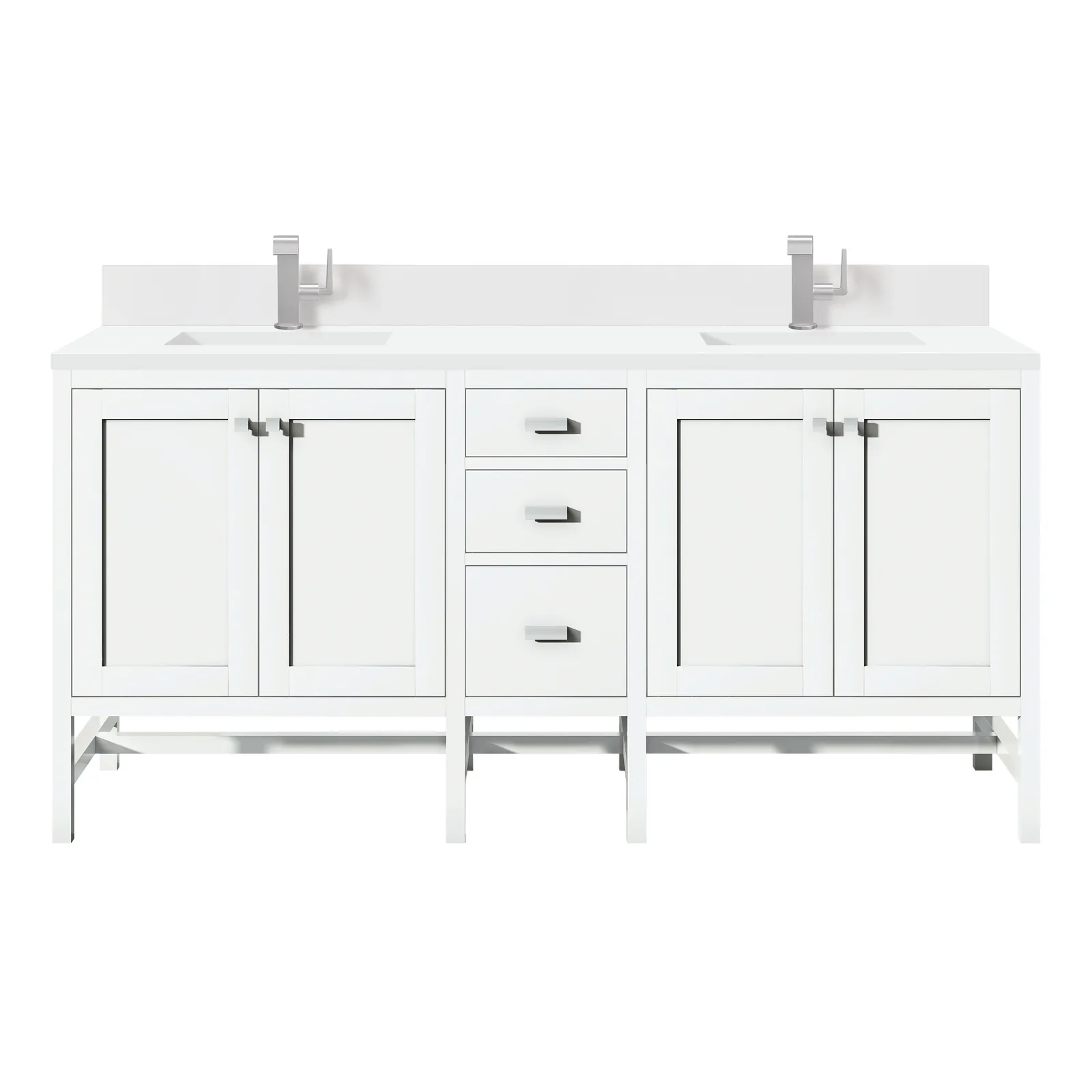 Addison 72" Double Vanity in Glossy White finish, made of Yellow Poplar and Parawood, featuring undermount sinks and Silestone countertop.
