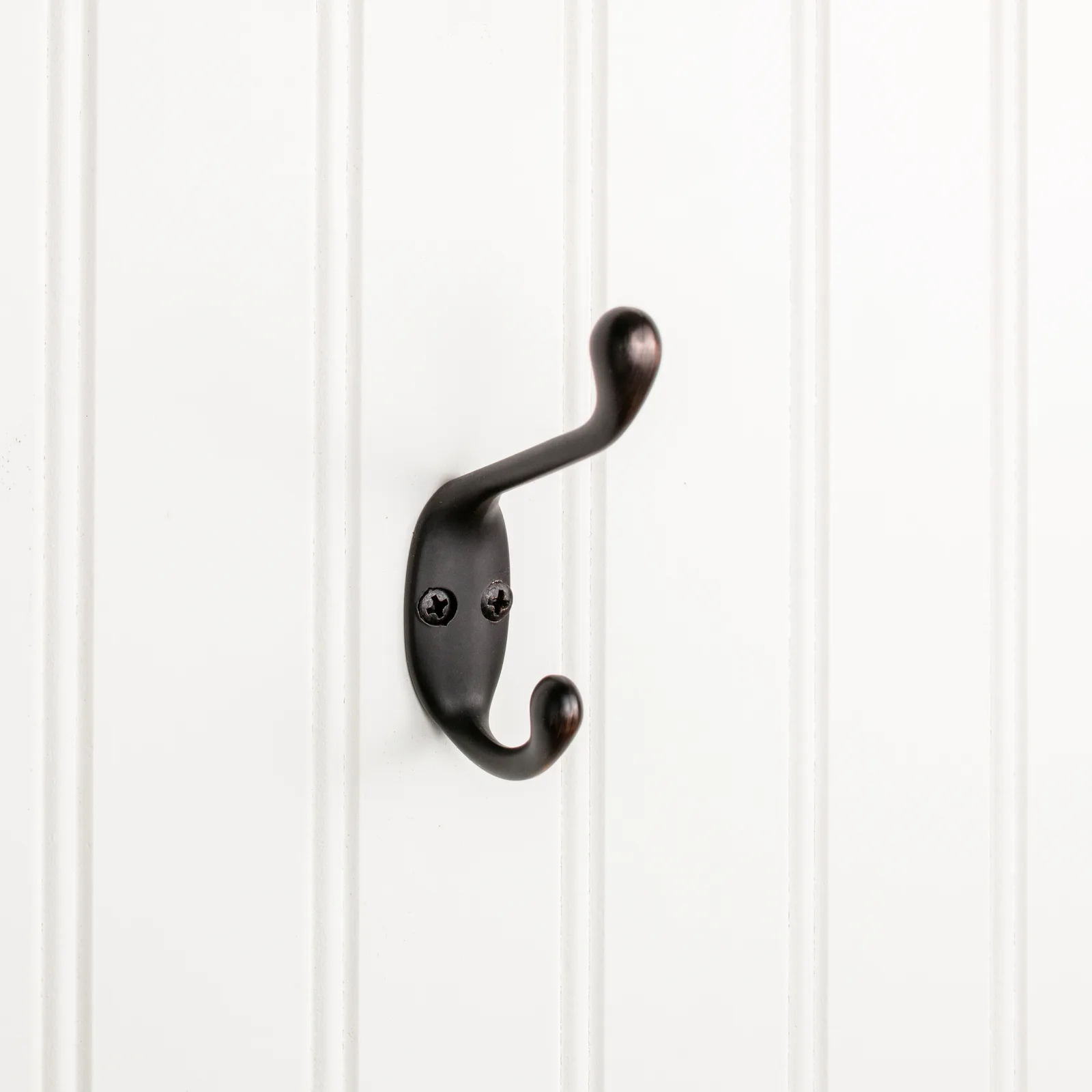 3-3/8" Double Zinc Wall Mount Hook in Brushed Oil Rubbed Bronze finish, decorative hardware for stylish organization