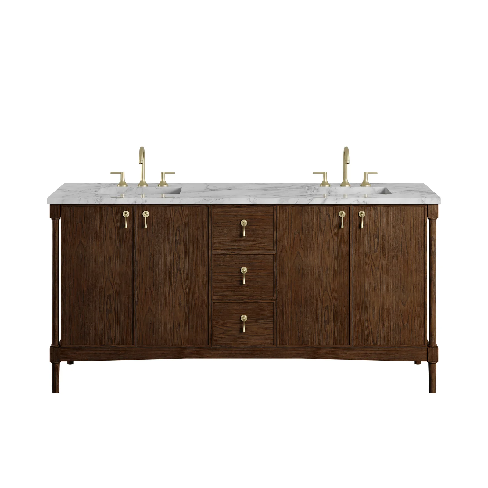 Kinnsden 72" Vanity in Sable Oak finish made of solid oak with Champagne Brass hardware