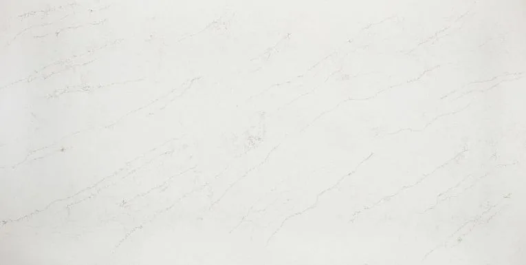 Hana Sky Quartz Countertop in neutral white with pebble grey veining, available in 2CM and 3CM thicknesses