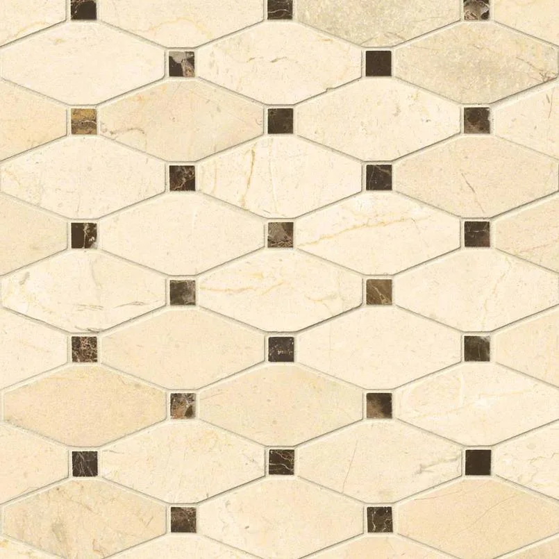 Valencia Blend Elongated Mosaic Tile in polished beige with dark brown accents, 3/8 inch thickness, made from high-quality materials.