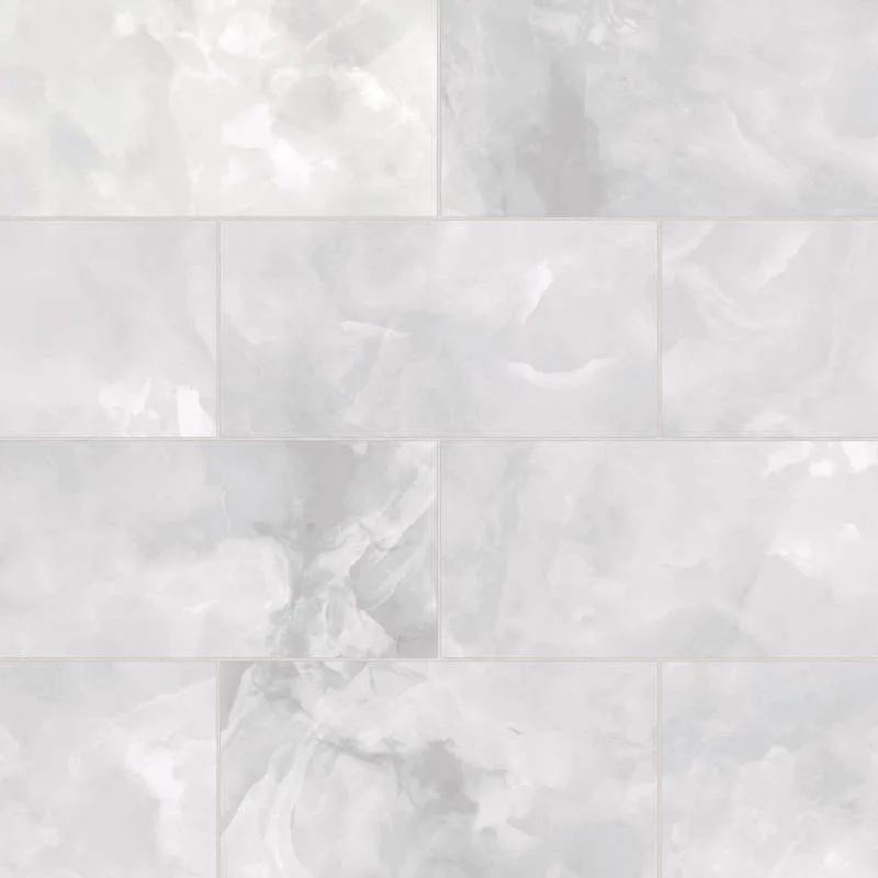 White Onyx porcelain tile, honed and polished finish, 12x24, 3x24, 24x48 sizes, versatile for floors and walls