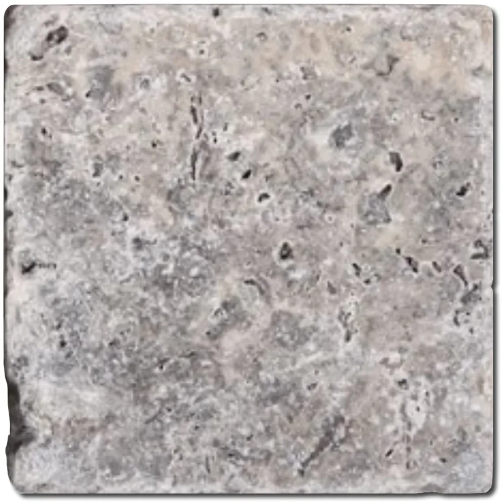 Silver Travertine tile in tumbled finish, 18x18 size, natural stone material
