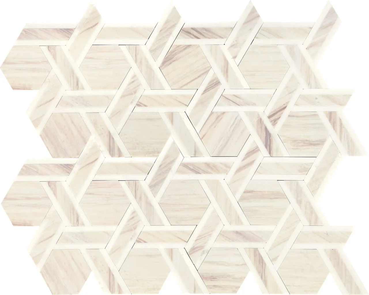 Daltile Fonte Pier White Blend Mosaic Tile in honed finish, rotating hexagon shape, stone material, color variations