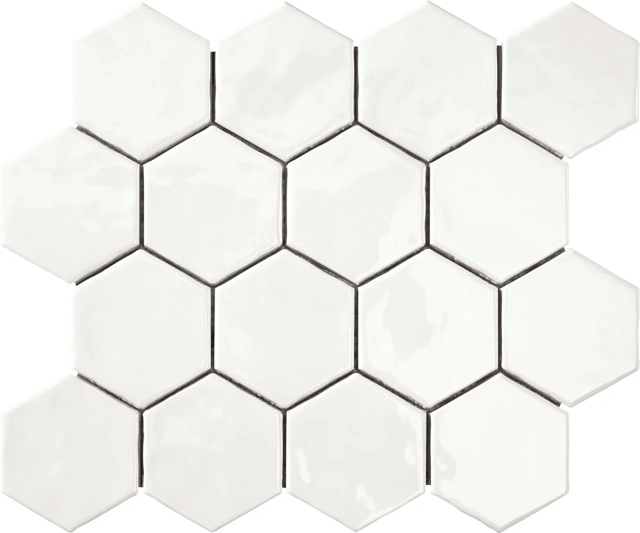 Marazzi Artistic Reflections Arctic Mosaic Tile in glossy finish, hexagon pattern, ceramic material, available in 2x10 and 3x3 sizes