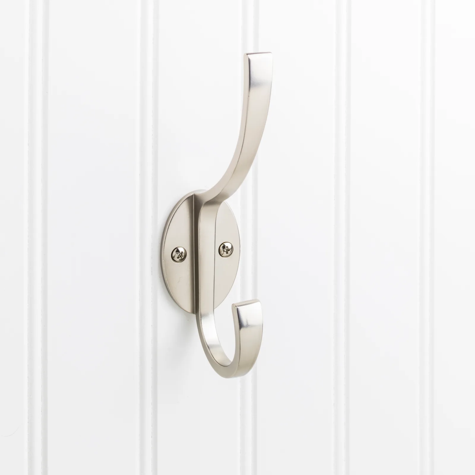 5-7/8" Double zinc wall mount hook in satin nickel finish, decorative hardware for stylish home organization
