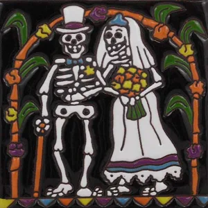 DD Wedding Dia de los Muertos Art Tile, colorful ceramic tile, 6" x 6" size, handcrafted from Central Mexico