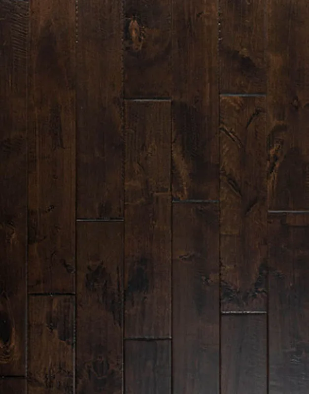 Sienna Solid Hardwood in hand scraped distressed brown maple, 3/4" thick, 4.75" wide, plank lengths 12" to 48" RL
