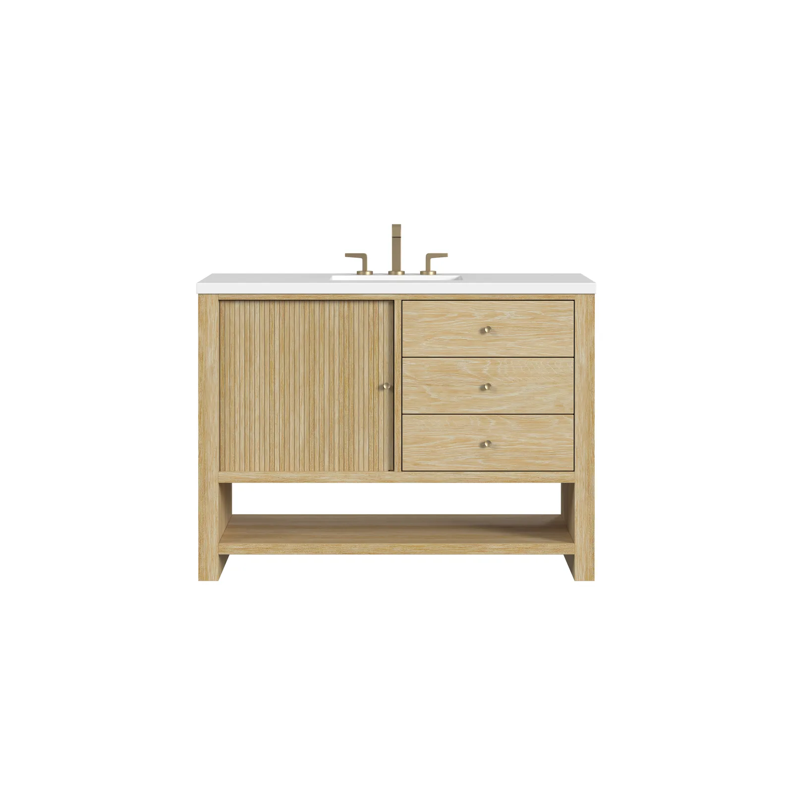Marigot 72" Vanity in Sunwashed Oak, modern oak double vanity with undermount sinks and Champagne Brass hardware