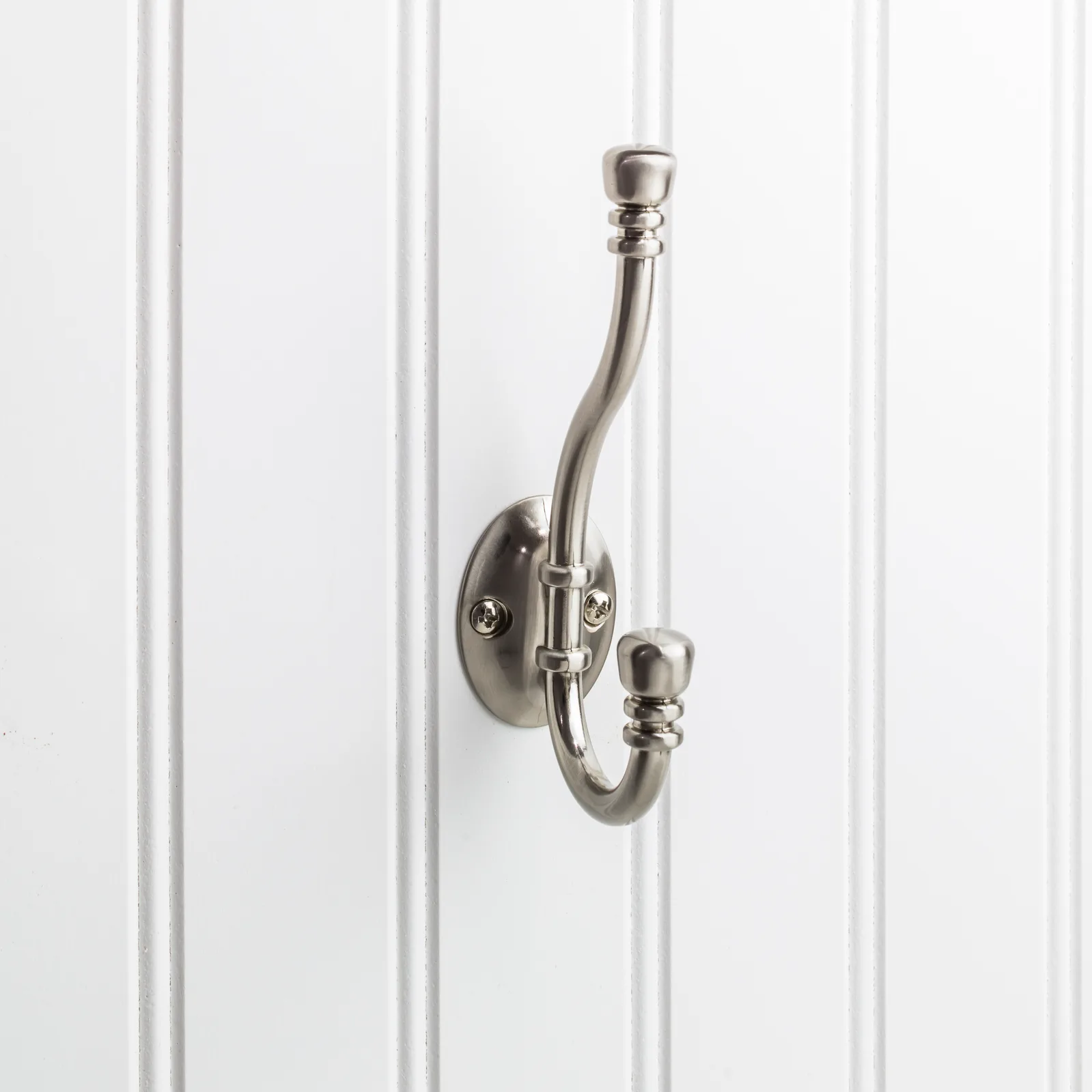 5-3/16" Double zinc wall mount hook in Satin Nickel finish, decorative hardware, 2-7/16" projection, 1-3/8" width
