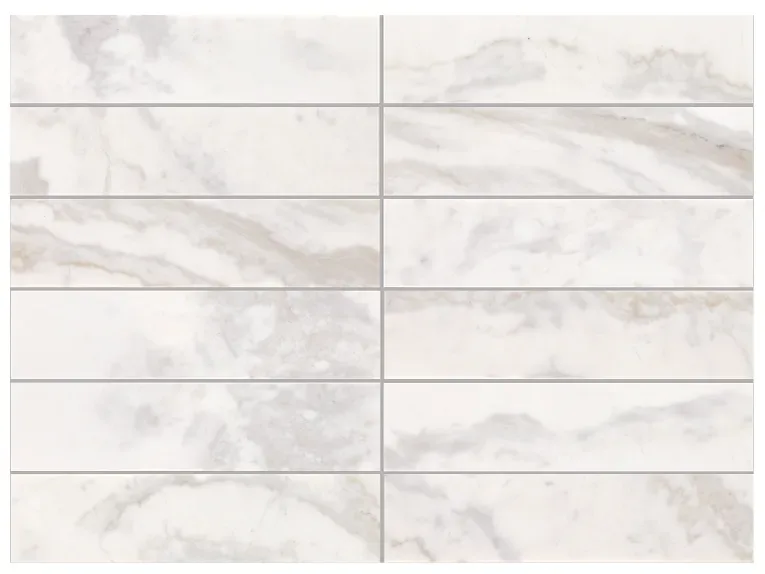 Calacatta Royale Marble Tile in polished finish, large chevron and 12x24 sizes, elegant white with gray veining