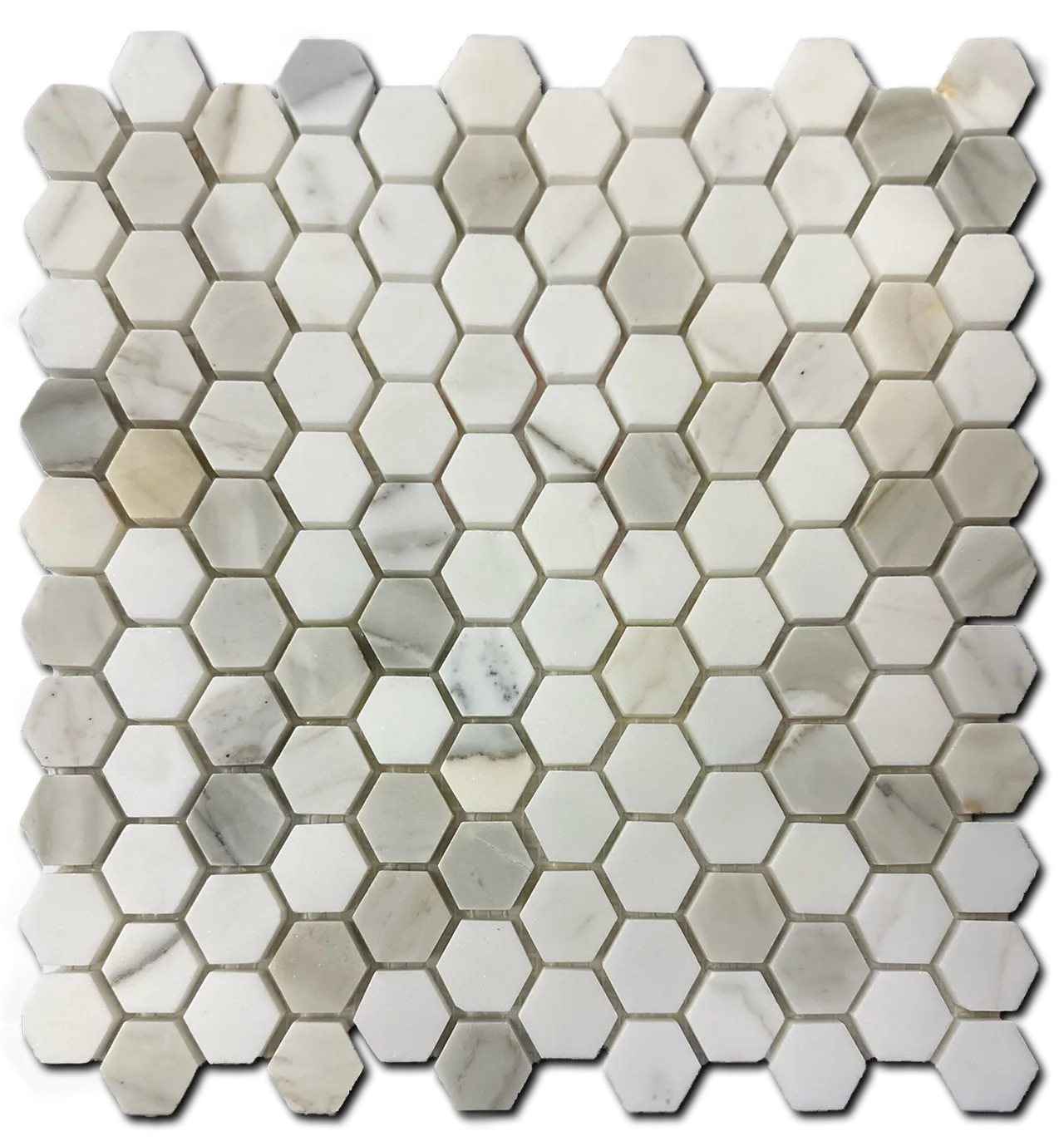 Calacatta Gold 1" Hexagon Mosaic tile in honed and polished finish, marble material, ideal for floor and wall applications