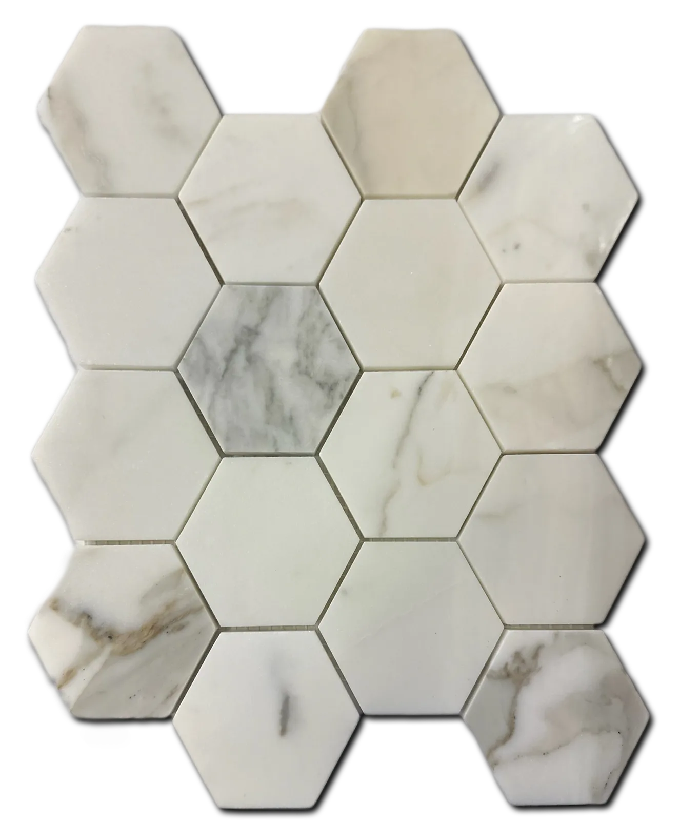 Calacatta Gold 3" Hexagon Mosaic Tile in polished finish, marble material, ideal for floor and wall applications