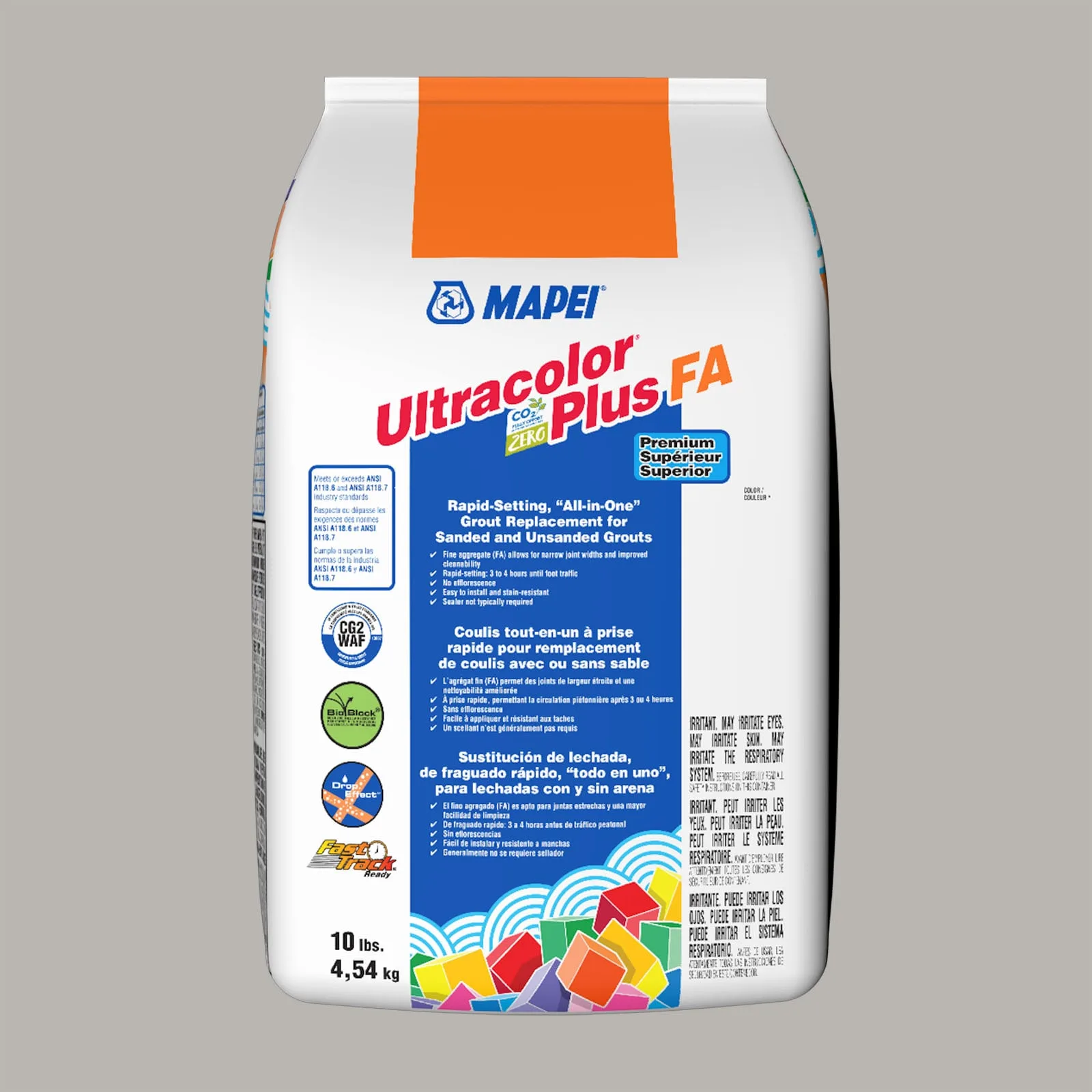 Mapei Ultracolor Plus FA Cobblestone Grout 10-lb bag, a durable all-in-one grout in a neutral cobblestone color suitable for various tile applications.