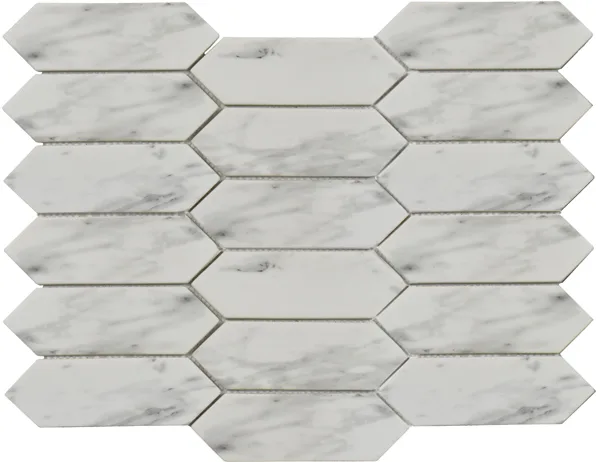 Marble Picket Mosaic Tile in natural stone and glass, size 10.9x9.5, showcasing a modern design with elegant finish