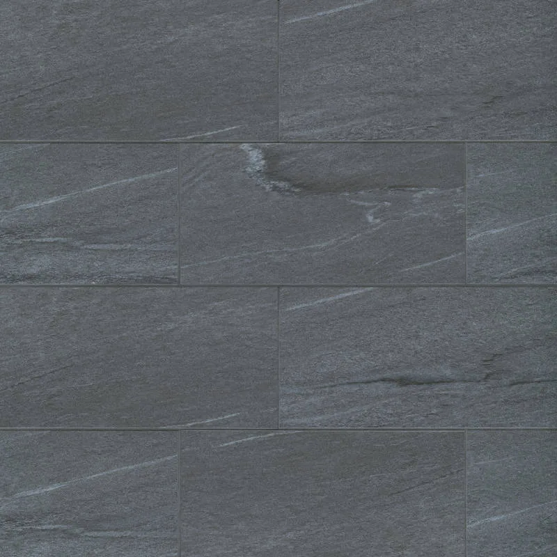 Raven Black porcelain tile in honed finish, available in 12x24, 24x24, and 24x48 sizes