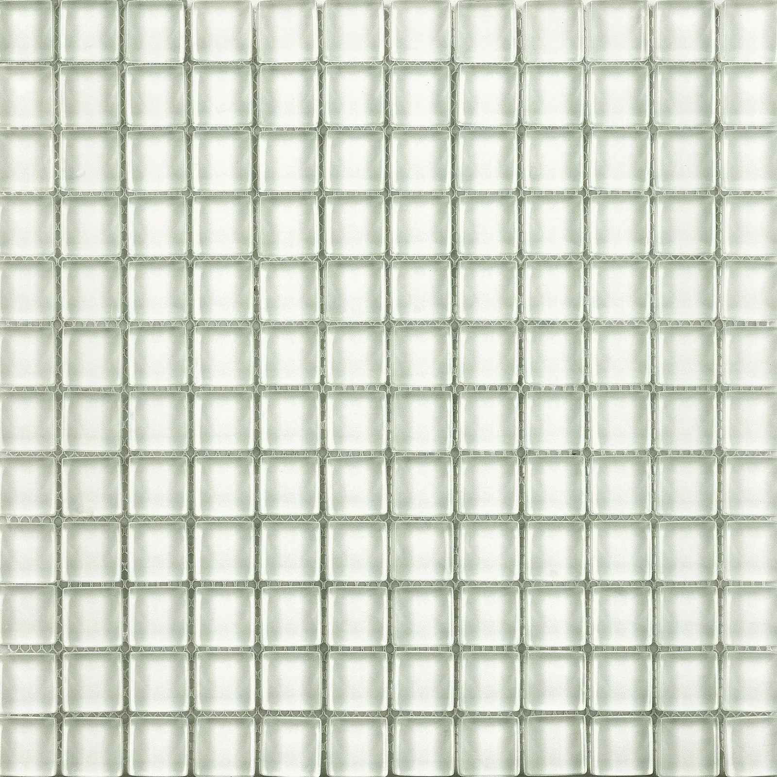 Vidrofina Clear Glass Mosaic Tile in Maritime White, Clarity Blue, and Larimar Green, glossy porcelain finish, sizes 1x1 and 1x2