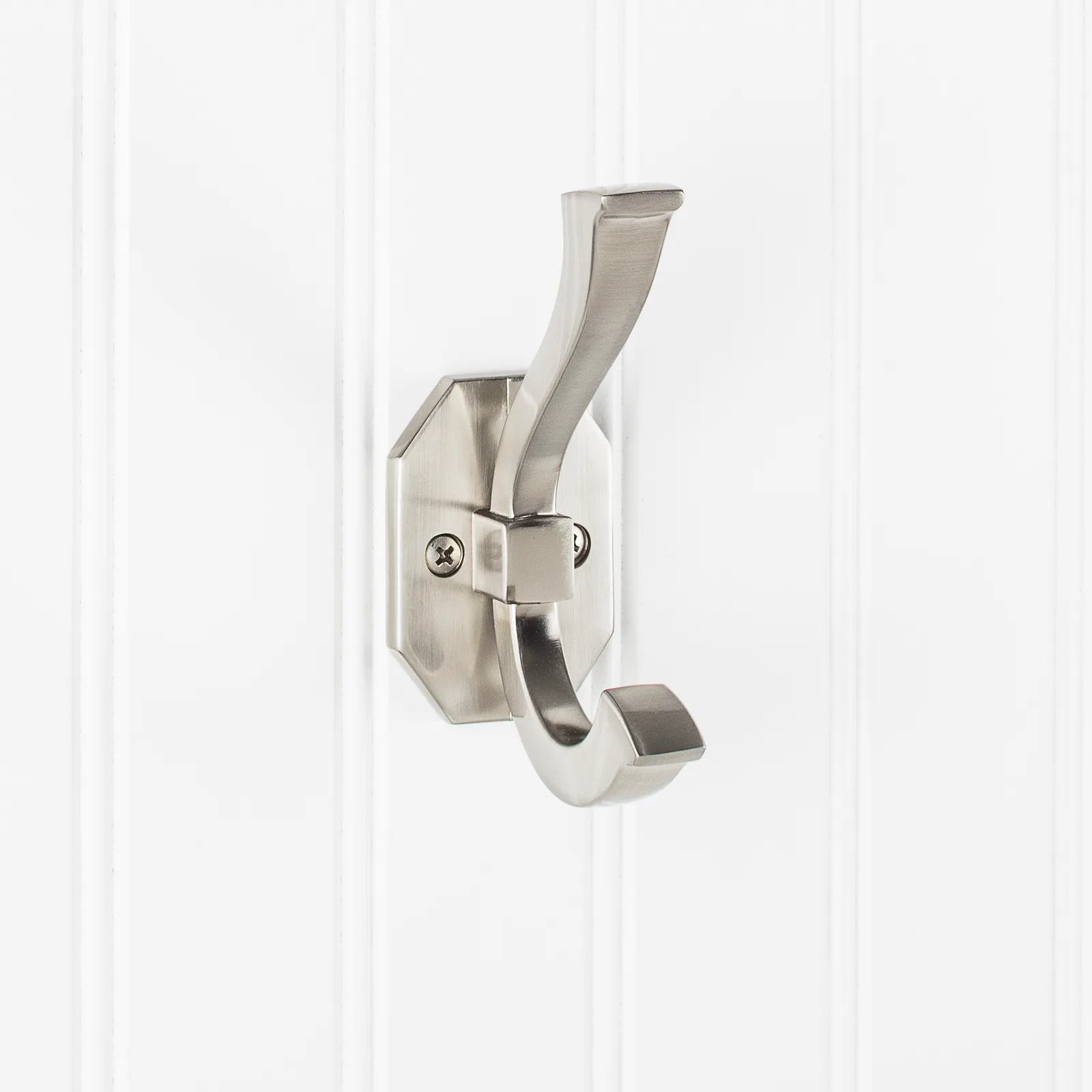4-5/16" Double zinc wall mount hook in satin nickel finish, decorative hardware, stylish and functional