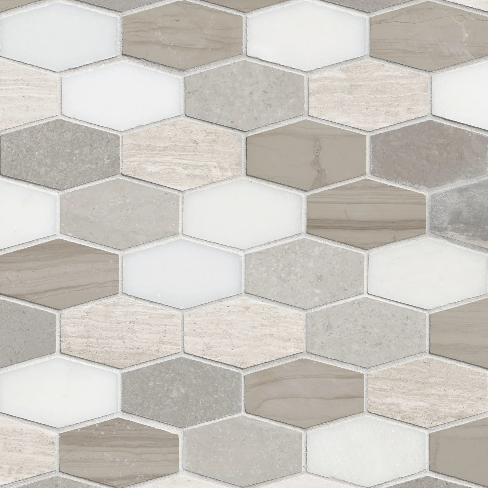 Bellagio Blend Elongated Hexagon Mosaic Tile in light gray honed finish, 3/8 inch thick, perfect for stylish backsplashes and bathrooms.