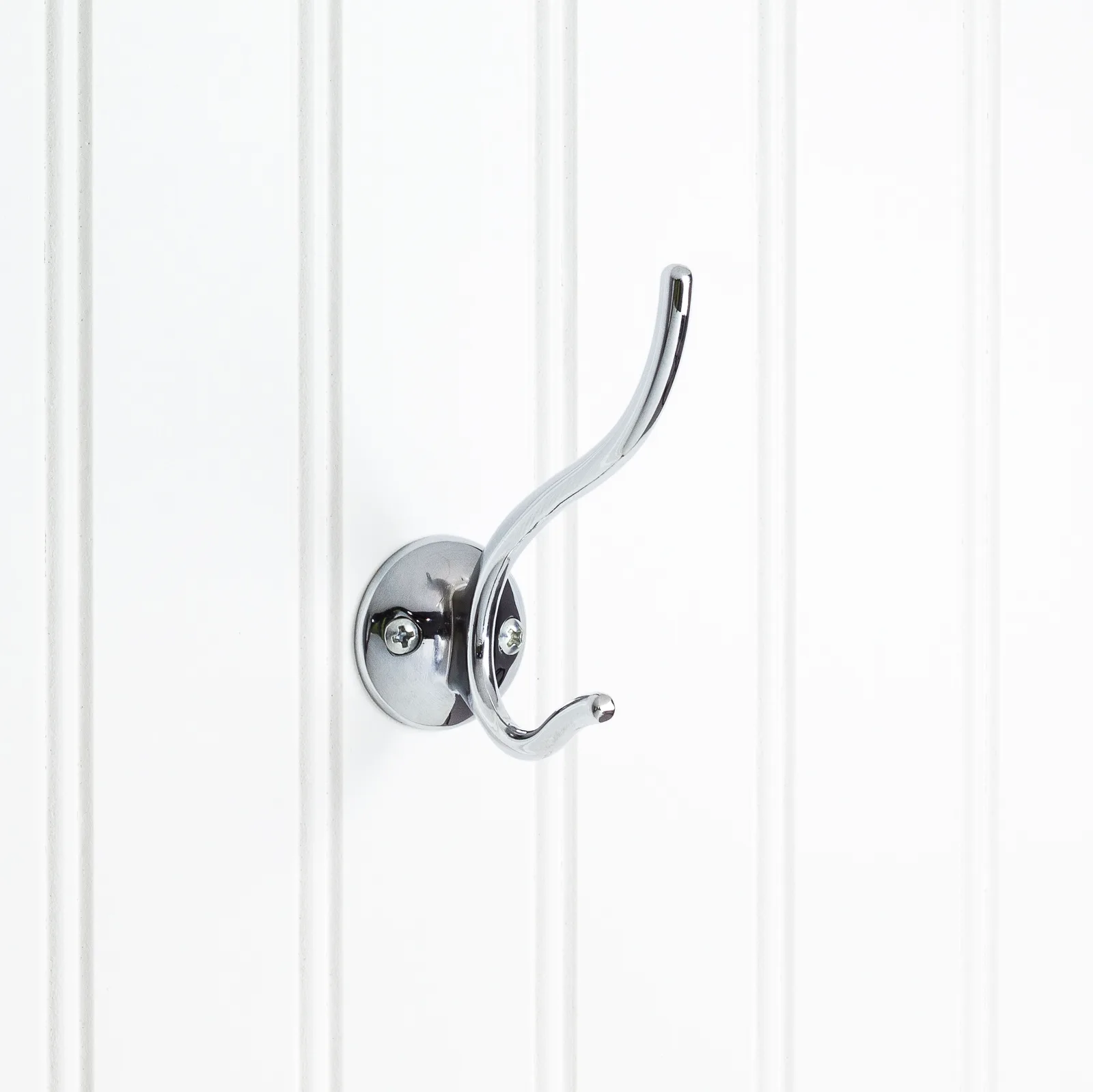 3-13/16" Double zinc wall mount hook in polished chrome finish, decorative hardware for coats and accessories