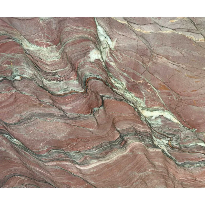 Ruby Fusion red quartzite countertop with polished finish and rectified edges