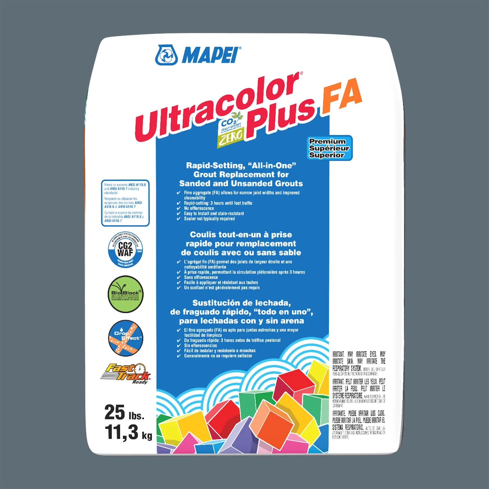 Mapei Ultracolor Plus FA Deep Ocean grout 25-lb bag, rich blue color, all-in-one grout for tiles