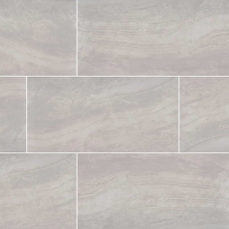 Praia Grey porcelain tile in polished and matte finishes, 12x24 and 24x48 sizes, featuring gray and white hues, perfect for modern interiors.