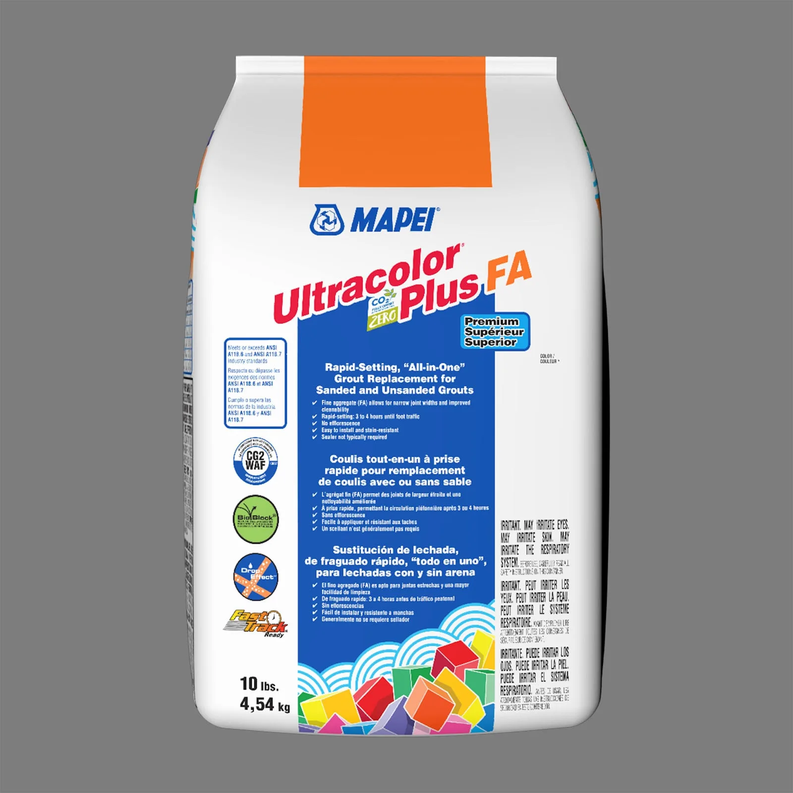 Mapei Ultracolor Plus FA Pearl Gray Grout 10-lb package, all-in-one grout in a stylish pearl gray color.