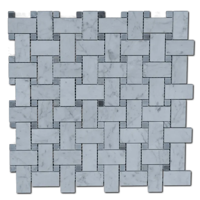 Carrara White With Grey Dot Basketweave Mosaic tile, polished marble, 8.5mm thickness, elegant design for floor and wall applications