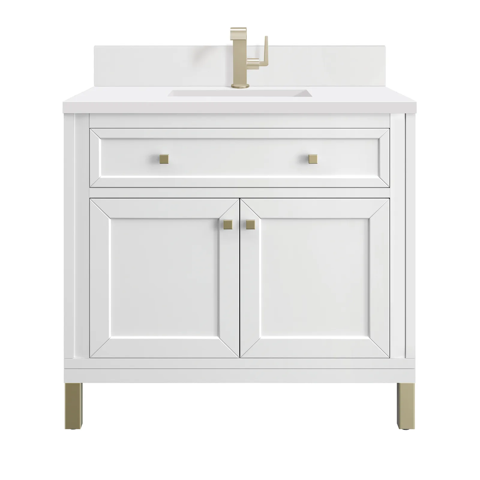 Chicago 36.0" Vanity in Walnut Whisper finish, made of durable poplar and parawood, featuring a White Zeus Silestone countertop.