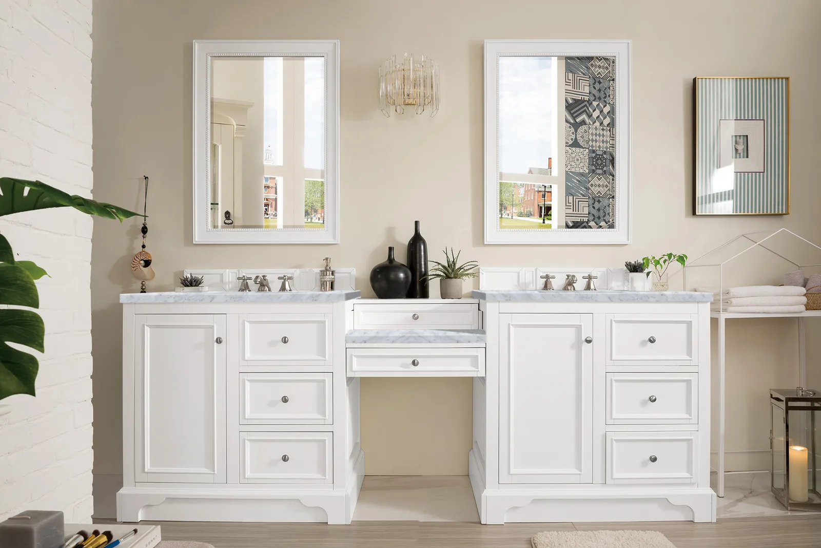 De Soto 96.5" Bright White Vanity with marble countertop and undermount sinks, made of Yellow Poplar
