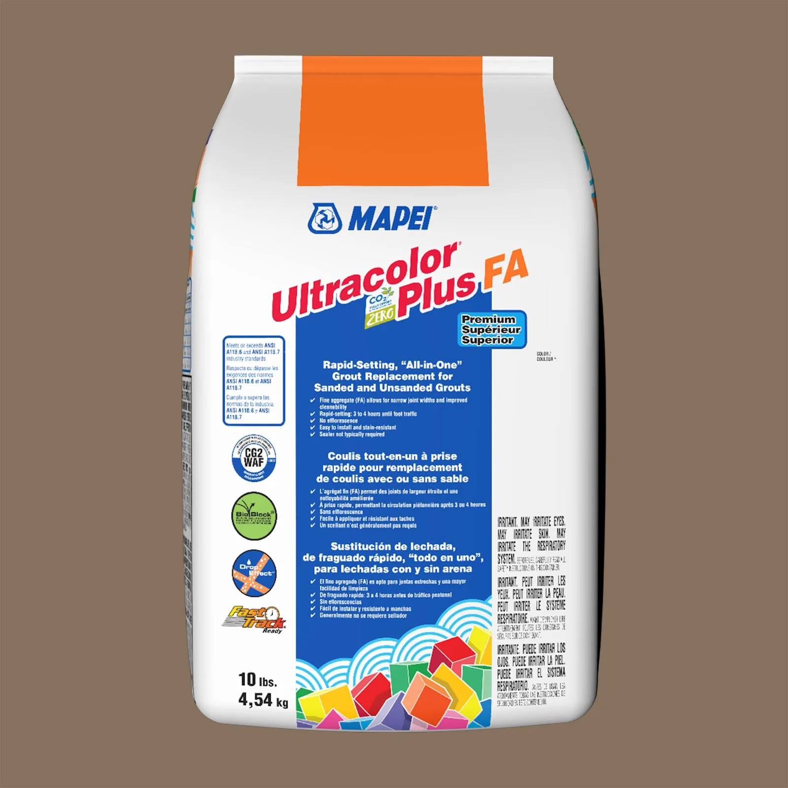 Mapei Ultracolor Plus FA Mocha Grout 10-lb bag, rich mocha color, all-in-one formula for tile installations