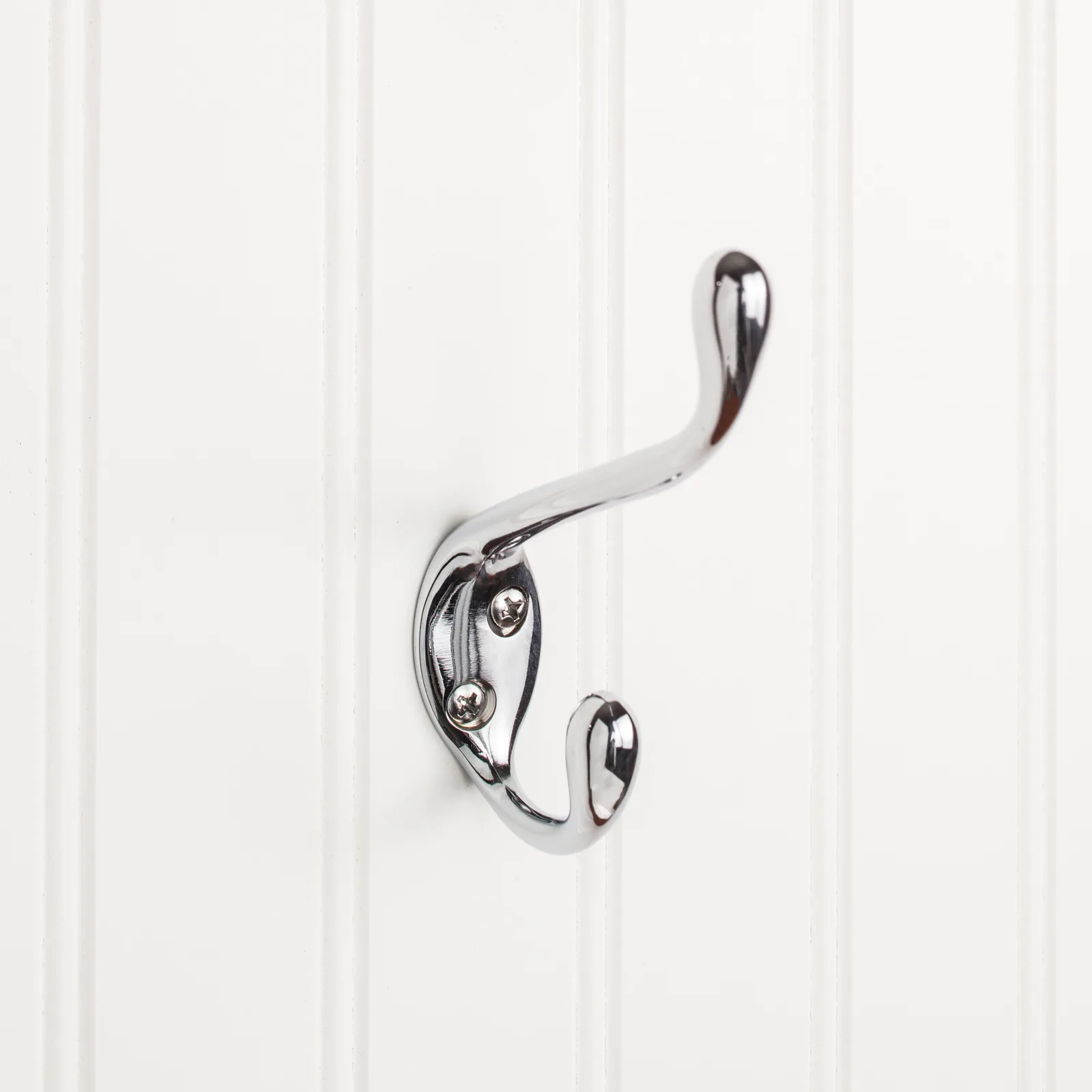 4-1/2" Double Zinc Wall Mount Hook in Polished Chrome finish, decorative hardware for home organization