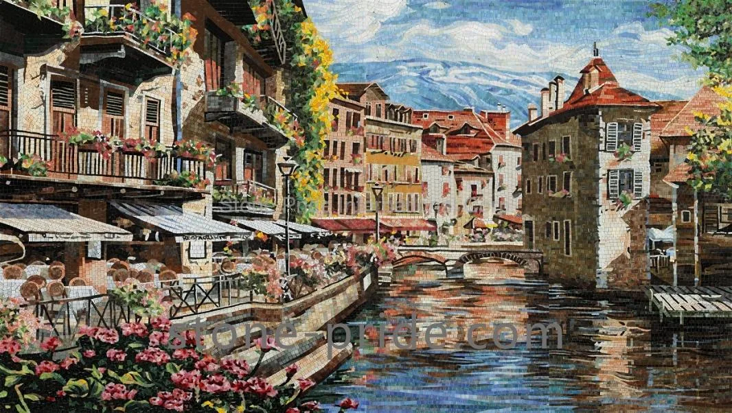 Mediterranean Town Glass Mosaic Mural