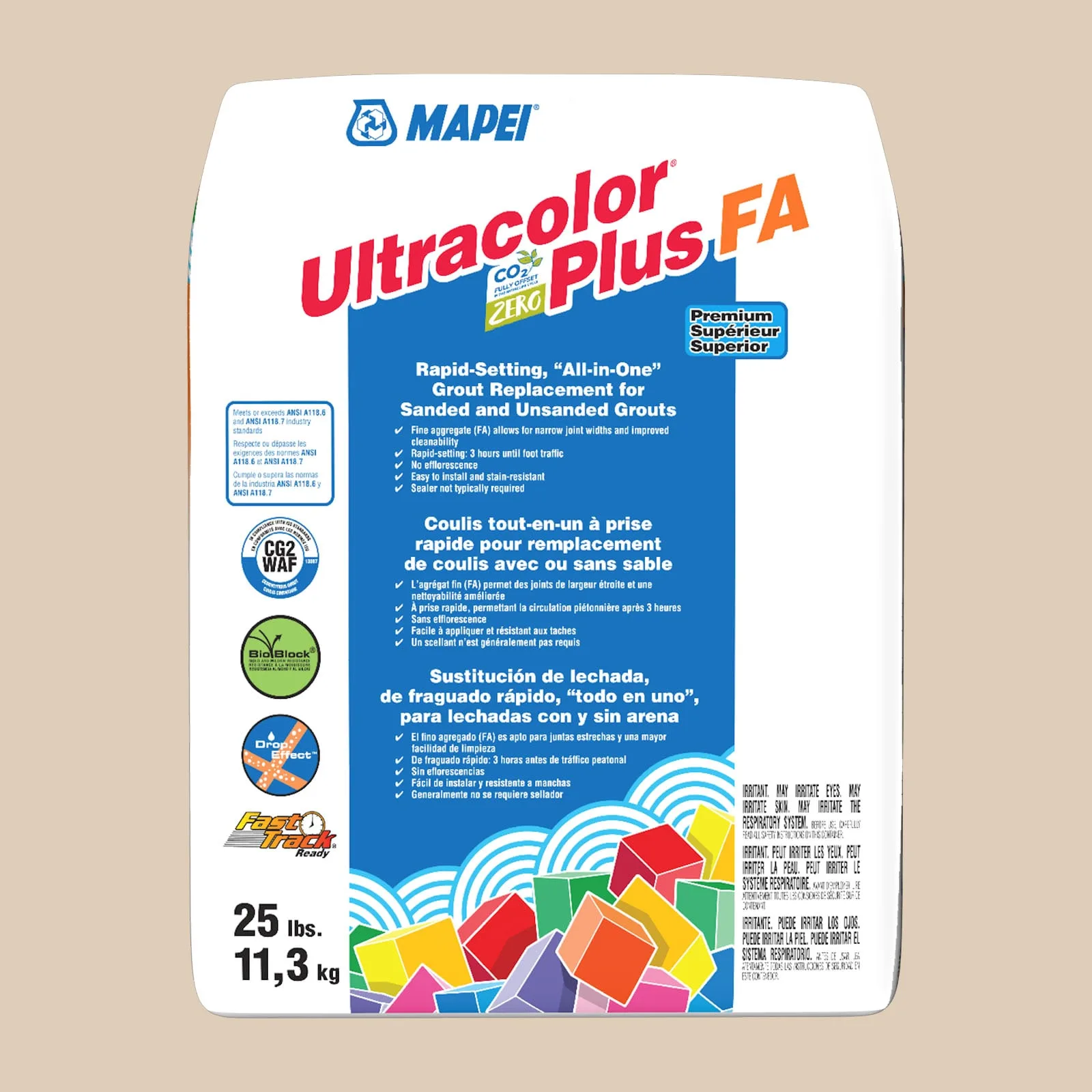 Mapei Ultracolor Plus FA Light Almond Grout 25 lb bag, all-in-one grout in light almond color for tile installations