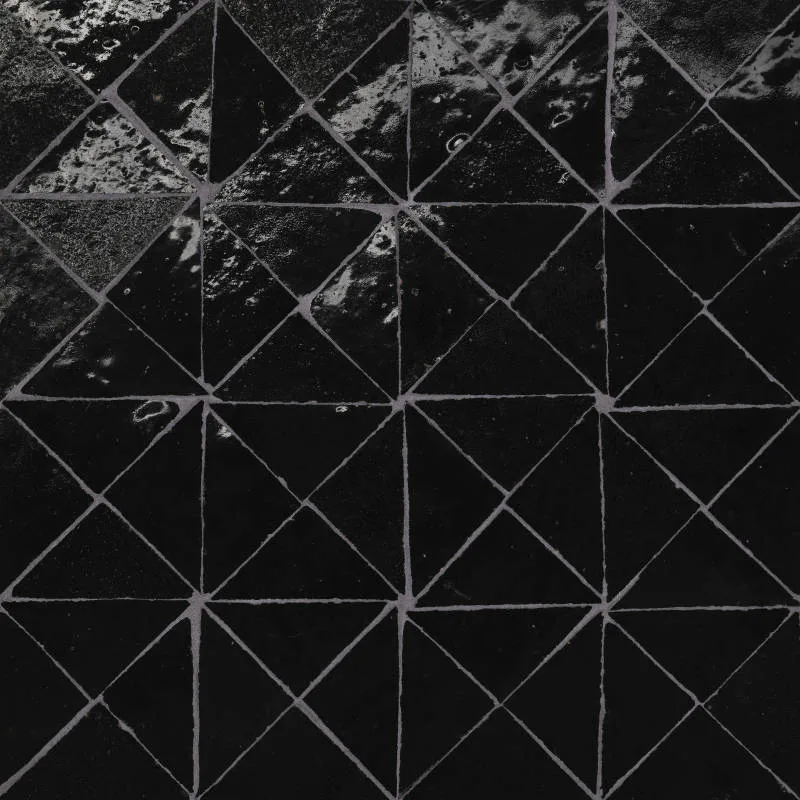 Zagora Nero Mosaic Tile in glossy black finish, 12x12 ceramic, featuring triangle and square shapes