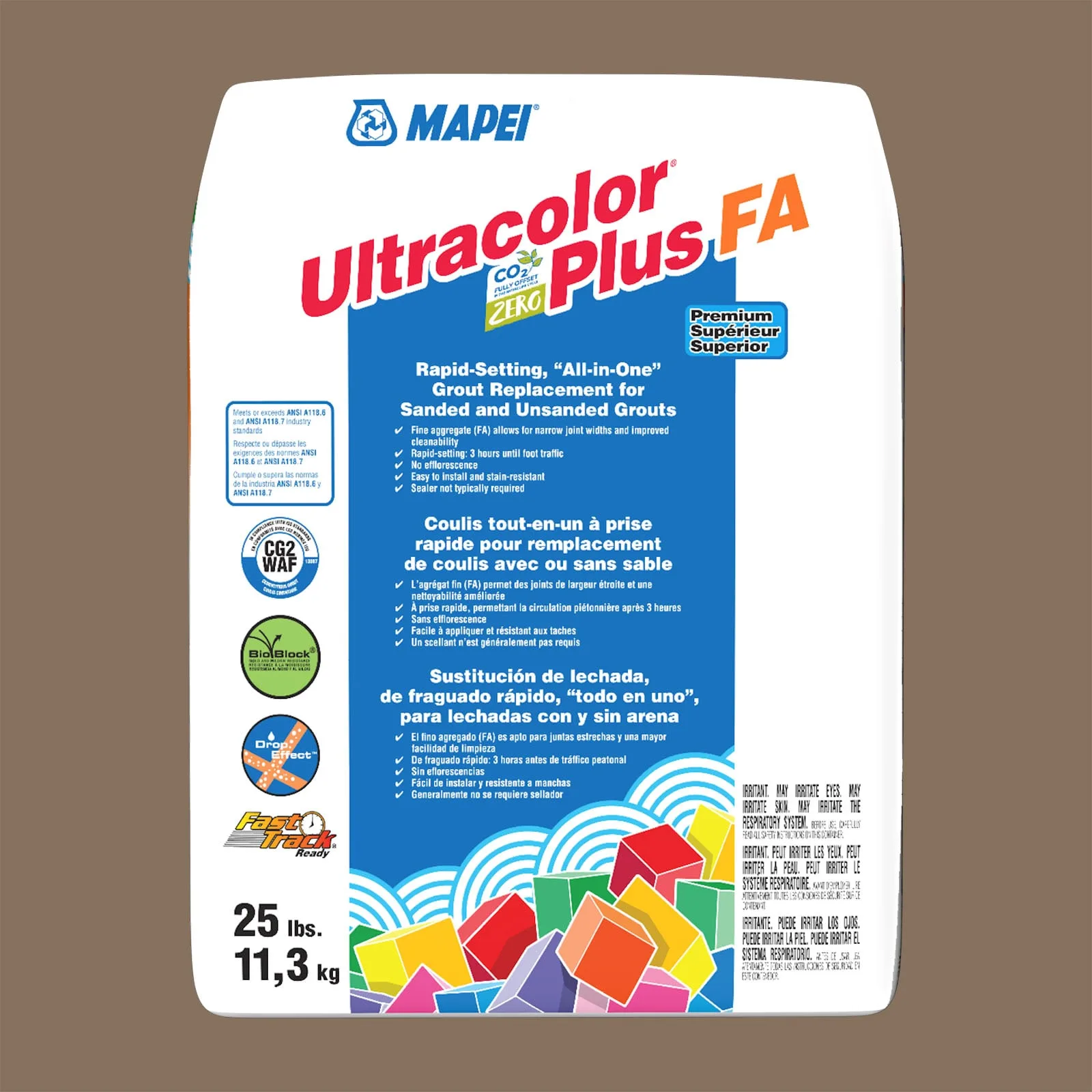 Mapei Ultracolor Plus FA Mocha Grout 25-lb package, all-in-one grout in a rich Mocha color, perfect for various tile applications.